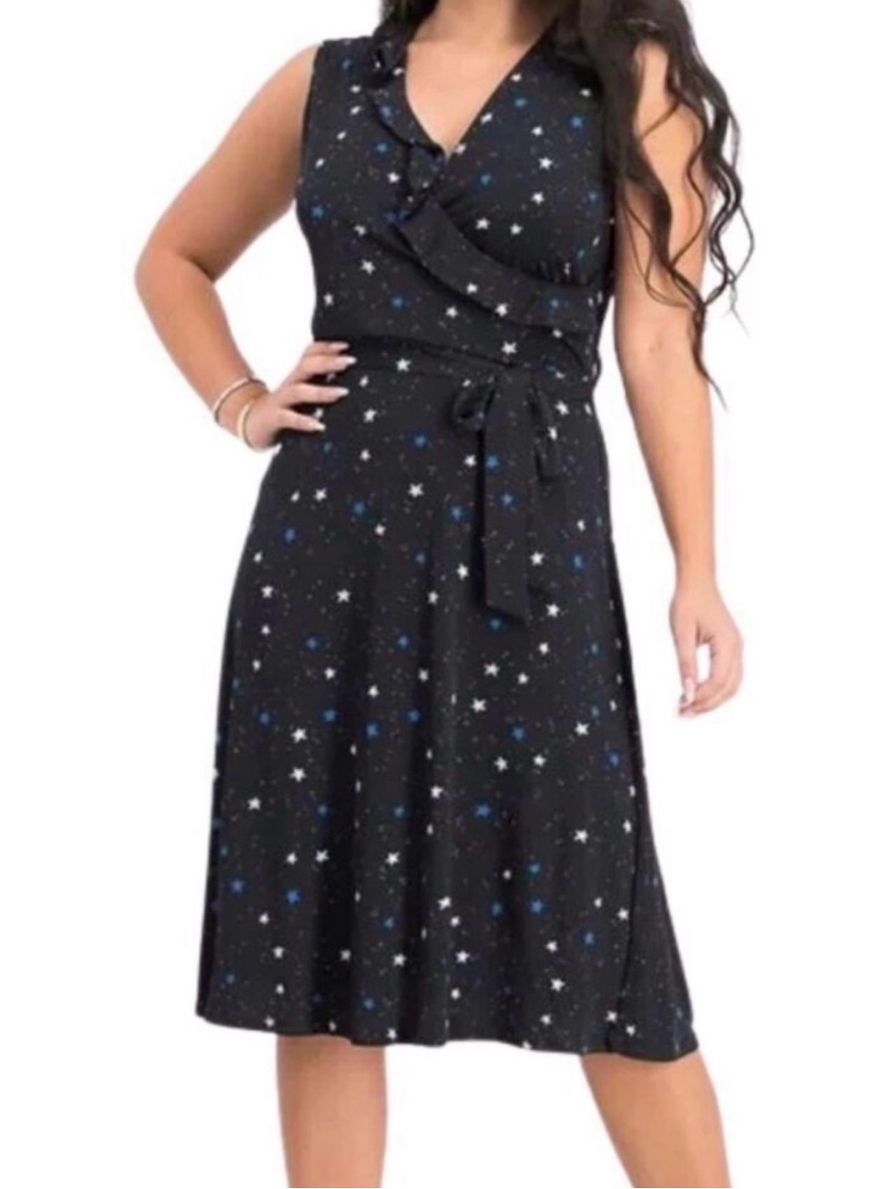 Leota Black Sleeveless Star-Print Wrap Midi Dress with Blue and White Stars